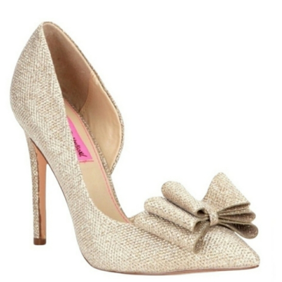 Betsey Johnson Prince D'orsay Gold Sparkle Bow Women's Holiday Evening Pumps - Picture 1 of 13